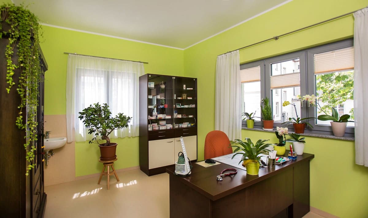 Zimmer mit grünen Wänden, Schreibtisch, Arzneimittel- und Bücherschrank